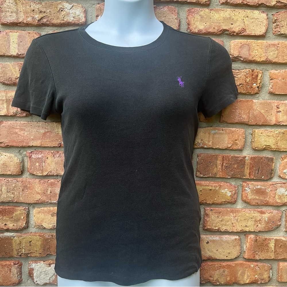 RALPH LAUREN BLACK RIBBED SHORT SLEEVE T SHIRT PURPLE HORSE LOGO